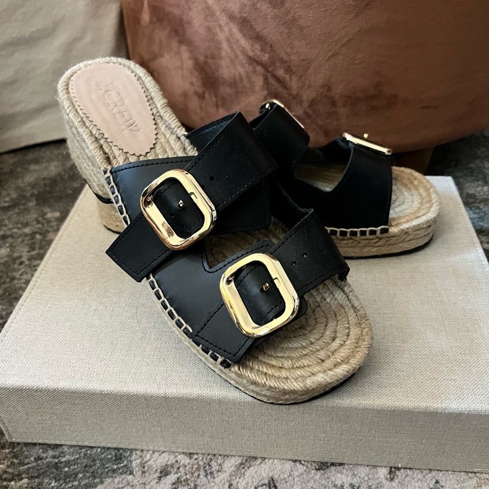 J Crew Black Leather Block-Heel Espadrille Sandals